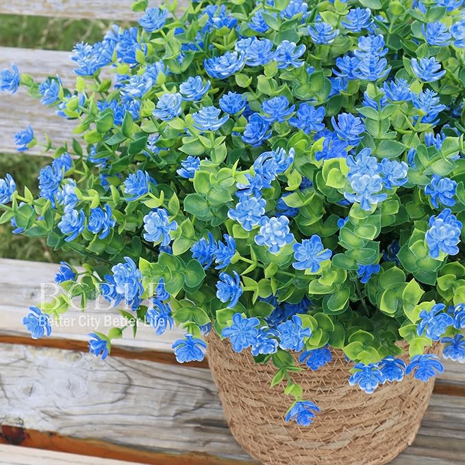BCBLF Artificial Flowers for Outdoors, 12 Bundles UV Resistant Realistic Faux Plants for Outside Porch Planter, Spring Summer Home Garden Decoration, Blue