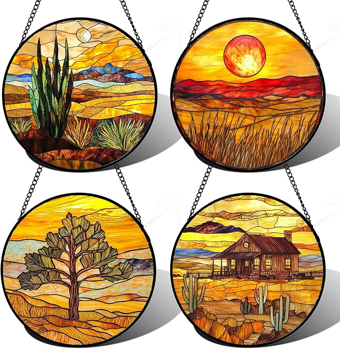 DASTOLL Stained Glass Window Hanging 4 Pcs Set Desert Sunset Theme Landscape 7.8" - Suncatcher Door Garden Sun Catcher Decor Birthday Christmas for Mom Woman Nana Men