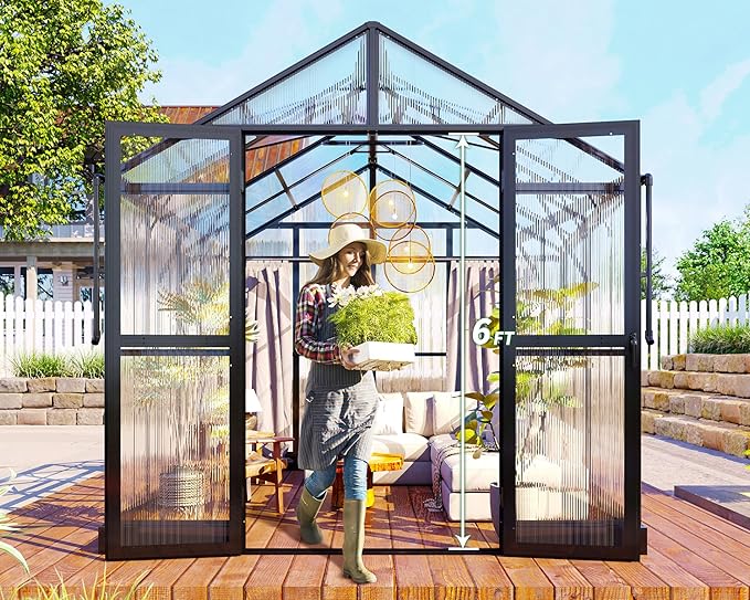Jocisland 7.5x7.6x7.4 FT Outdoor Aluminum Polycarbonate Greenhouse with Ventilation and Rain Gutter, Double Swing Doors with Hook, Walk in Greenhouse for Outdoors, Backyard, Garden (Black)