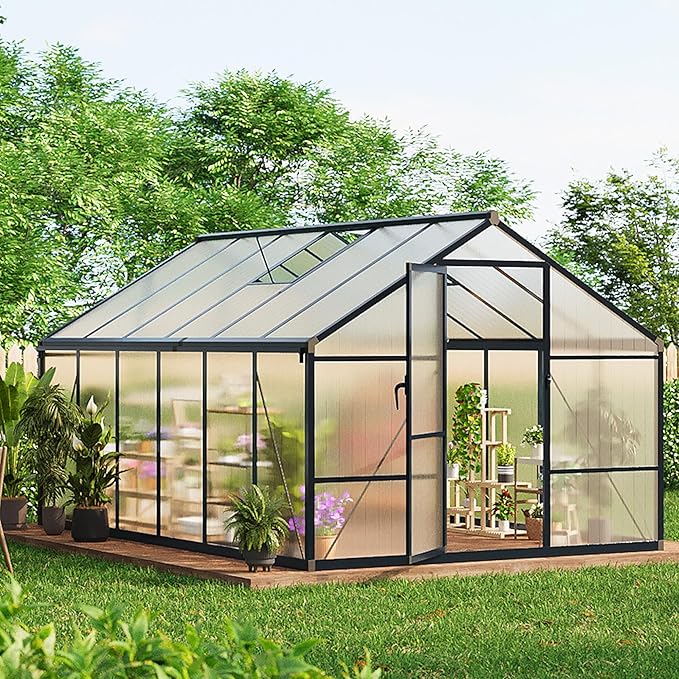 8x12ft Greenhouse Aluminum Greenhouse for Outdoors with Roof Vent, Lockable Outward-Opening Swing Door, Heavy-Duty Polycarbonate Walk-in Green House for Garden, Backyard, Patio, Lawn, Dark Grey