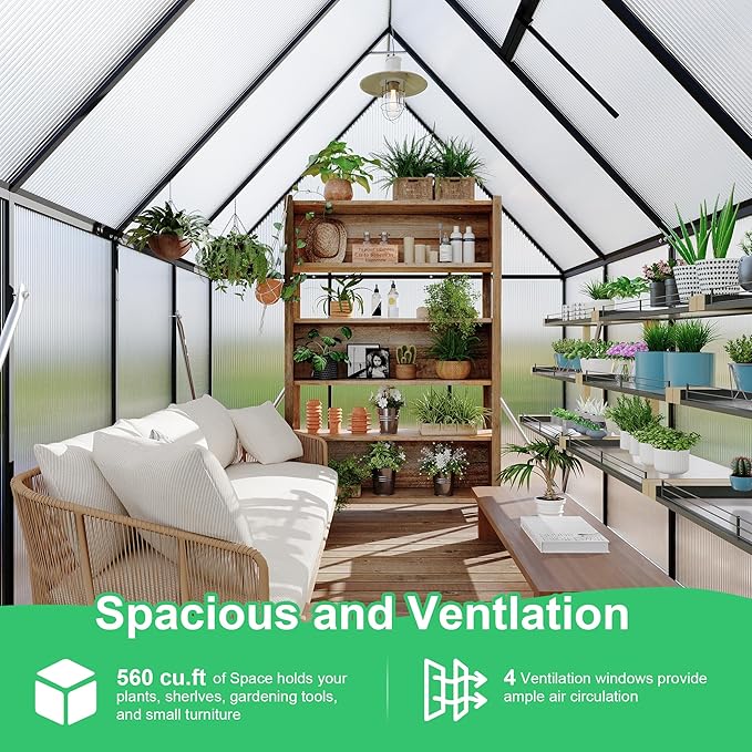 Polycarbonate Greenhouse for Outdoors, Large Walk-InGreenhouse with Quick Setup Structure and Roof Vent, Greenhouse with Ventilation