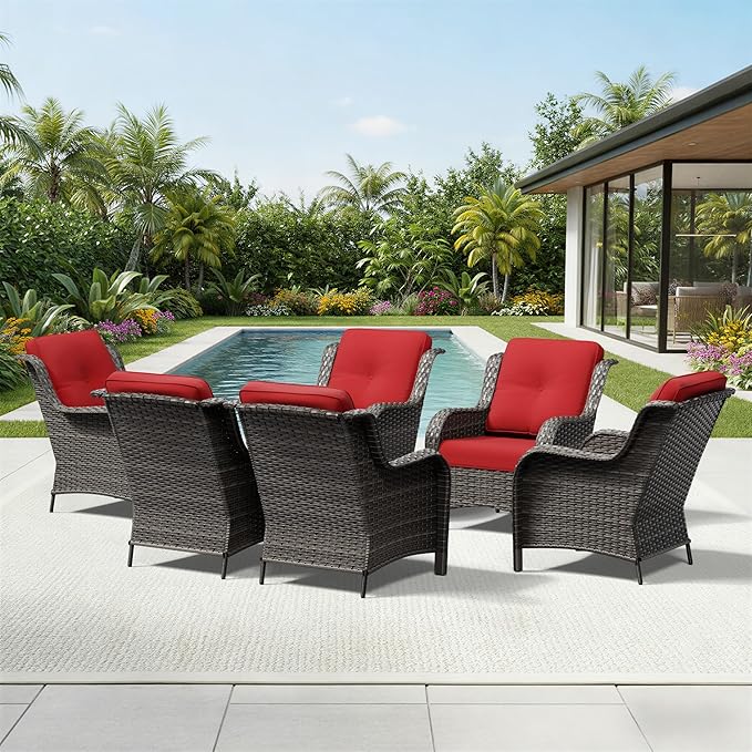Joyside 6 Piece Wicker Patio Furniture Set, Rattan Patio Chairs with High Back, Deep Seating, Wide Armrest, Thickened Cushions, Outdoor Furniture for Deck, Porch Use
