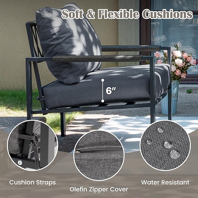 3 Pieces Rattan Outdoor Furniture Set, All-Weather Patio Conversation Set with Dark Grey Cushions and Coffee Table for Garden, Backyard, Balcony, Poolside