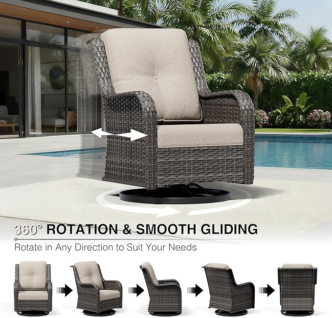 Joyside 3 Piece Wicker Patio Furniture Set with Fire Pit Table, Outdoor Swivel Rocker Patio Chairs with High Back, Deep Seating, Wide Armrest, Thickened Cushions, Outdoor Furniture for Deck, Porch Use