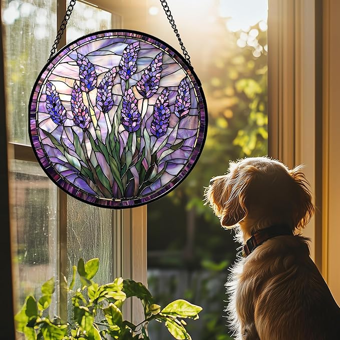 JOSUMALY Stained Glass Window Hanging - Purple Flowers Suncatcher for Door Terrace Garden Home Decor Lavender Plant Floral Sun Catcher Birthday Gifts for Lovers Women Men Dad Mom Nana 6.3 in