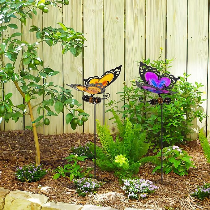 Voumsil Butterfly Garden Stakes,Butterfly Kit Made of Glass and Metal,Colorful Butterflies Garden Decorations Can Make The Garden Full of Color and Vitality. (Yellow and Purple)