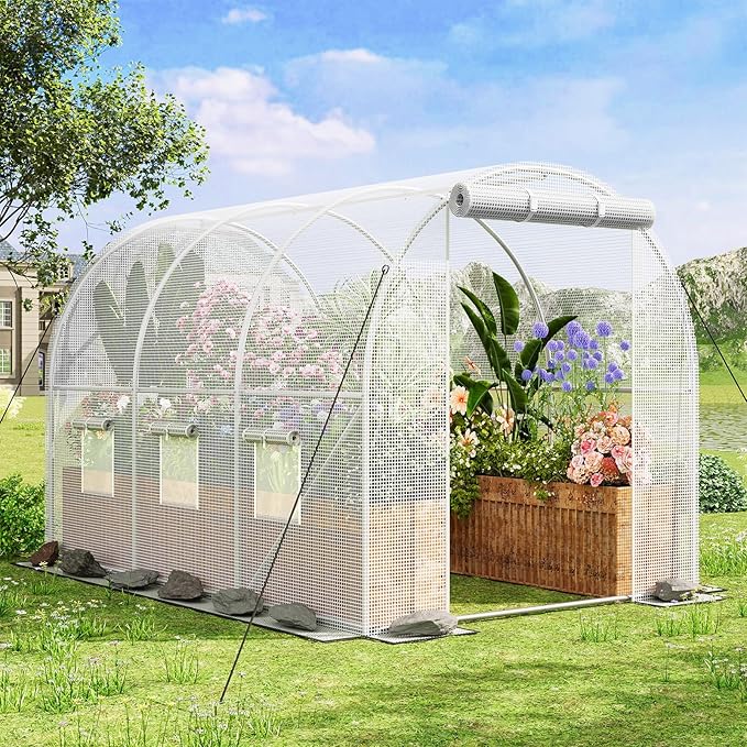 Superlele Heavy Duty Walk-in Greenhouse for Outdoor, 10x6.6x6.6FT Tunnel Greenhouse, Large Garden Green House with Reinforced PE Mesh Cover, 6 Windows with Screen, Stakes and Ropes, White