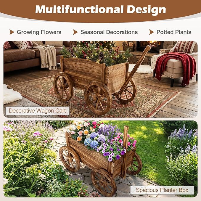 Giantex Wood Wagon Planter Set of 2, Rustic Rolling Flower Pot Stand with Wheels, Handle & Drainage Hole for Growing Vegetables Herbs, Indoor Outdoor Decorative Cart for Patio Balcony Garden