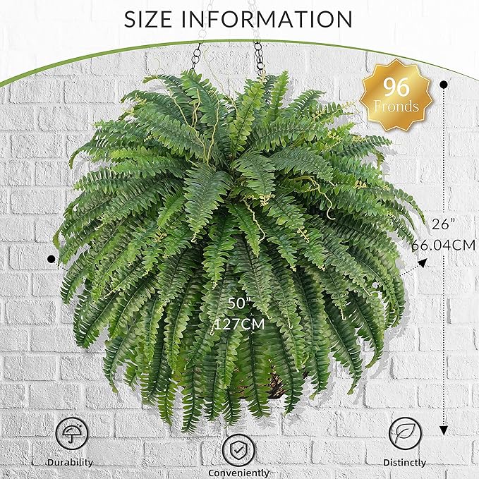 50" Artificial Boston Ferns, Fake Bush Plants, Large Faux Ferns with 96 Fronds for Outdoors Home Decor