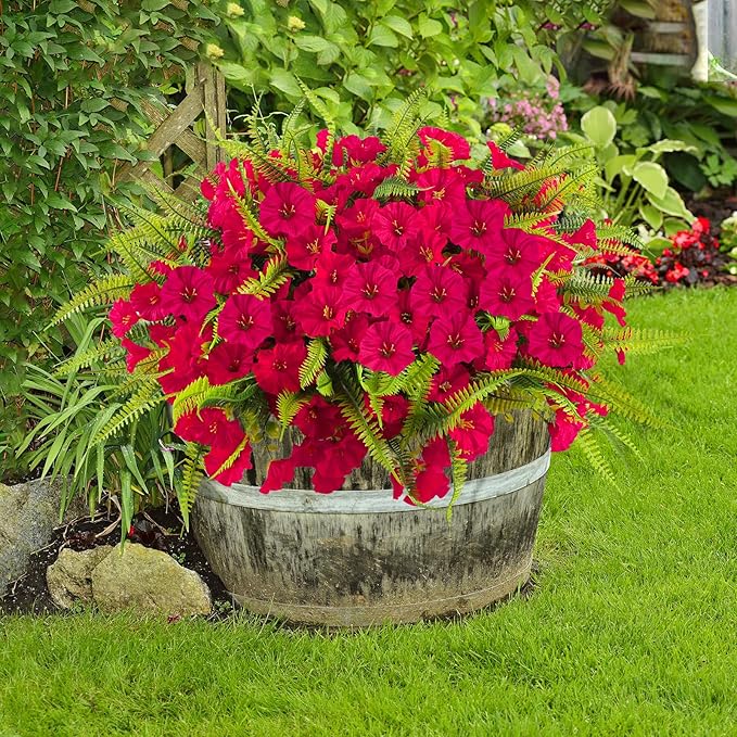 HIAGROW Artificial Flowers Outdoors 12 Bundles Artificial Petunias Fake Flowers UV Resistant Shrubs Plants with Fern for Indoor Outside Hanging Planters Home Garden Summer Decorations(Rose Red)