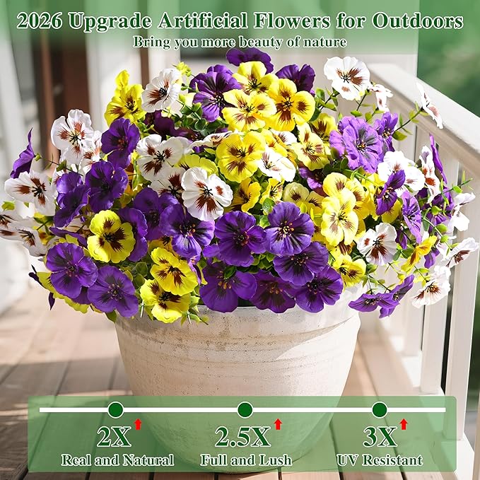 Waipfaru 20 Bundles Artificial Pansy Flowers for Outdoor, UV Resistant Faux Silk Flowers for Outdoor Planters Front Door Porch Yard Patio Window Box Home Decor (Purple, Yellow, White)