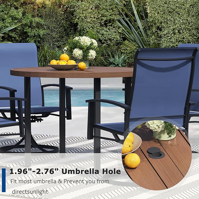 5 Pieces Outdoor Table and Chairs for 4, 42" Walnut Round Table with 4 Blue Swivel Chairs, Patio Set with Swivel Chair, Garden Tables for Outdoor, Patio Dining Set for Lawn Backyard Poolside