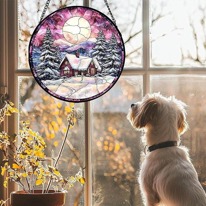 AMDERVEN Stained Glass Window Hanging - Winter Snow Scene Cabin Moon Sun Catcher for Door Garden Home Decor Pine Tree Suncatcher Christmas Mother's Day Birthday Gifts for Women Men Mom Nana 7.8 in