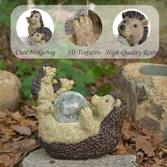 SOFFEE GARDEN Solar Hedgehog Statue with Ball Lamp, 9x5x9 Inch Outdoor Garden Decor, Cute Resin Animal Figurine for Yard Pathway & Patio Lighting