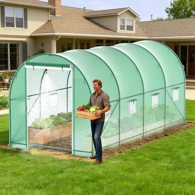 Greenhouses for Outdoors, Walk-in Green Houses for Outside Heavy Duty, Large Greenhouse with 8 Ventilated Screen Windows & 2 Roll-up Doors & Reinforced Frame (15×7×7 FT with Irrigation System)