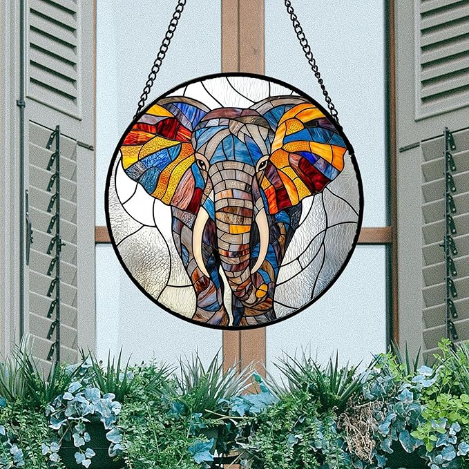 AMDERVEN Stained Glass Window Hanging, Colorful Elephant Sun Catcher for Door Home Decor Animal Suncatcher Christmas Mother's Day Birthday Gifts for Women Men Mom and Nana 9.8 in