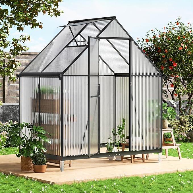 6x4FT Polycarbonate Green House with Roof Vent, Large Aluminum Frame Quick Setup Greenhouse, Walk in Green Houses Heavy Duty for Winter Outside Backyard Garden Patio (6x4FT)