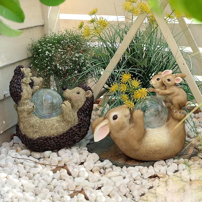 SOFFEE GARDEN Solar Bunny Lamp Playing with Ball, 10x5x9 Inch Outdoor Rabbit Decor, Whimsical Garden Statue for Lawn, Backyard & Night Landscape