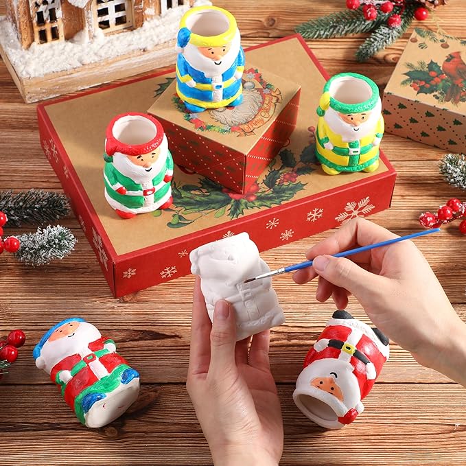 Pasimy 6 Set Ceramics to Paint DIY Ceramic Succulent Planter Pots Paint Your Own Flower Pots Craft Kit Unpainted Bisque Flowerpot with Brush Palette for Family Activity Holiday Gifts(Santa)