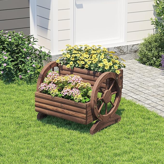 Wooden Wagon Planter Box, Standing Garden Planter, Decorative Outdoor Container