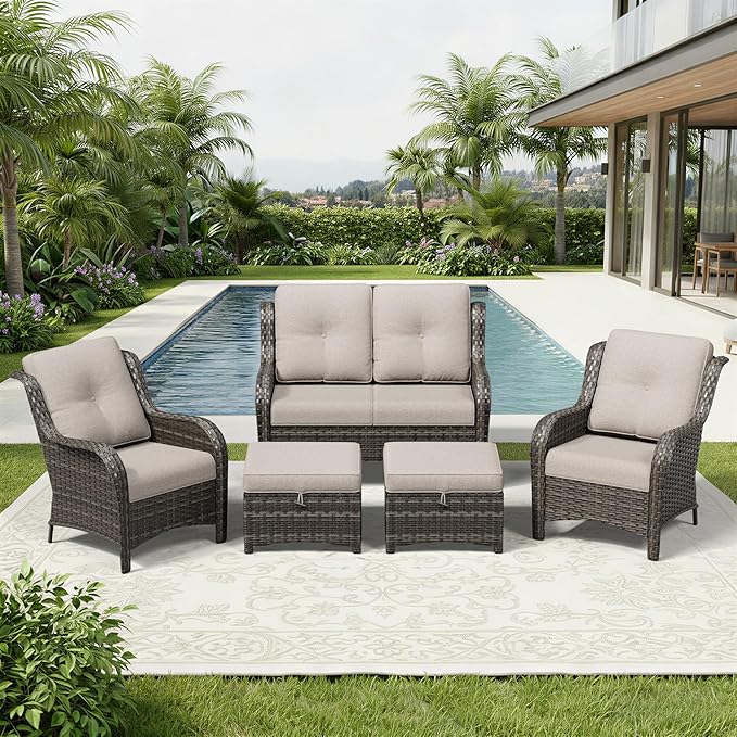 Joyside 5 Piece Wicker Patio Furniture Set, Rattan Patio Chairs with High Back, Deep Seating, Wide Armrest, Thickened Cushions, Outdoor Furniture for Deck, Porch Use