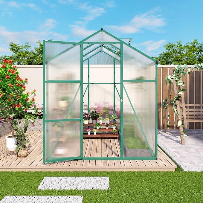 6x6 FT Greenhouse,Outdoor Greenhouse W/ Roof Vent,Walk-in Aluminum Polycarbonate Green Houses W/ Drainage System & Ground Nails,for Outside Garden,Backyard,Patio,Lawn,Green