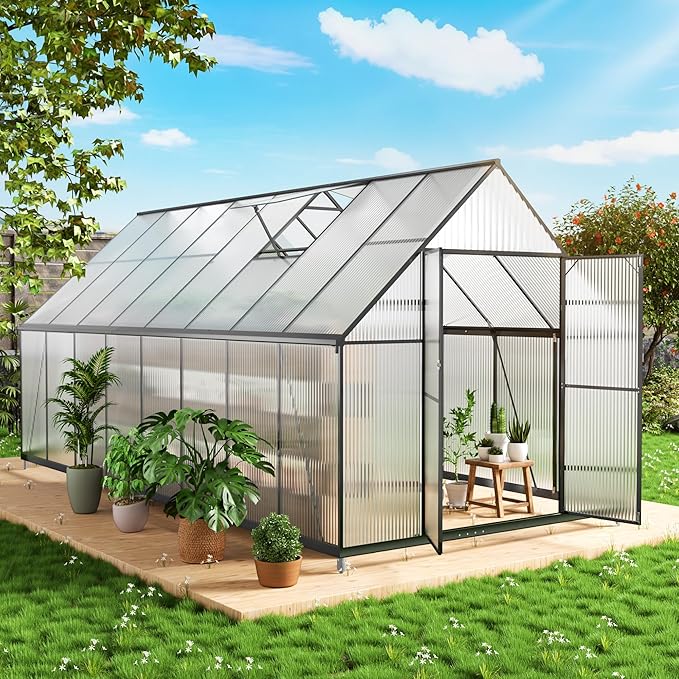 8x16FT Polycarbonate Green House with Roof Vent, Large Aluminum Frame Quick Setup Greenhouse, Walk in Green Houses Heavy Duty for Winter Outside Backyard Garden Patio (8x16FT)