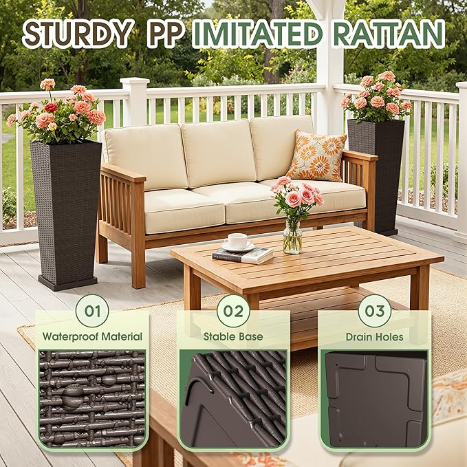 Set of 2 Tall Plastic Planters with Saucer, 32 Inch Height Pots with Drainage Trays, Brown
