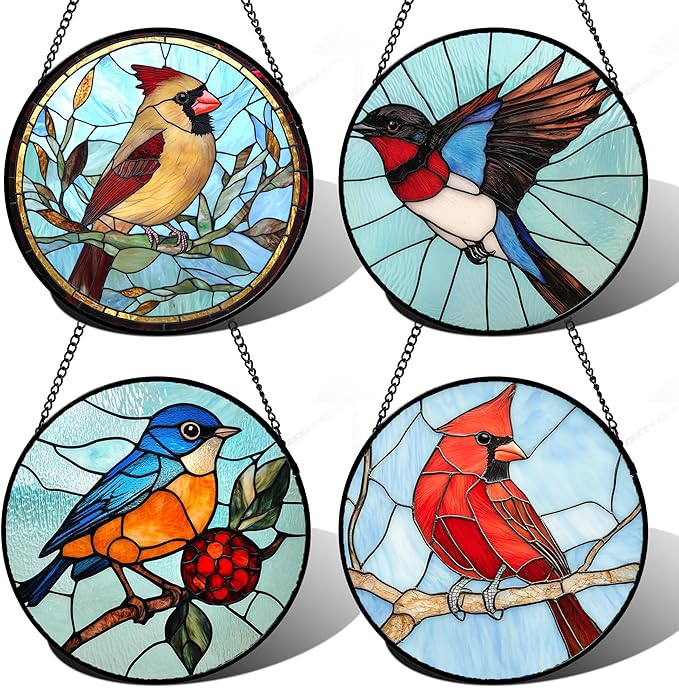 AMDERVEN Stained Glass Window Hanging 4 Pcs Set Cardinal Blue Birds 6.3" - Suncatcher Door Garden Sun Catcher Decor Birthday Mother's Day for Bird Lovers Men Woman Nana Friend