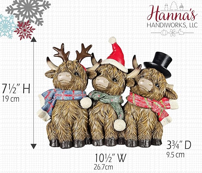 Scottish Holiday Highland Cows Trio with Christmas Accents | Resin Cows with Santa Hat & Antler Accents | Seasonal Xmas Decor for Centerpiece, Mantel, Kitchen, Dining Room, and More | 7 ½ inches tall