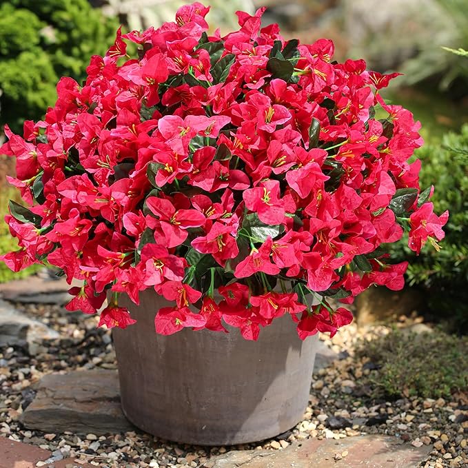 Ivydale Artificial Flowers for Outdoors Spring Summer Decor, 4 Bundles Fake Bougainvillea Silk Flowers for Outside Faux Outdoor Plants UV Resistant Realistic for Planter Patio Porch Balcony, Hotpink