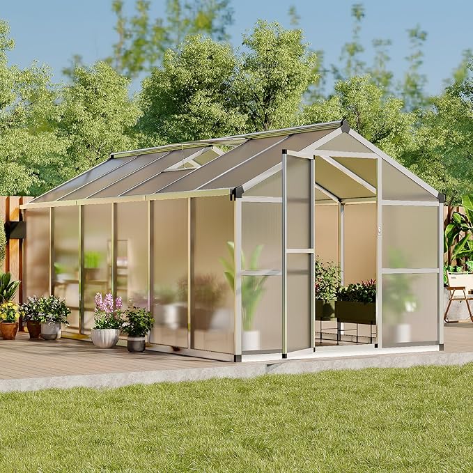 8X12 FT Greenhouse, Polycarbonate Garden Greenhouse for Outdoors,Aluminum Frame Green House with Lockable Door and Adjustable Roof Vent, Ideal for Backyard Patio and Outside Growing
