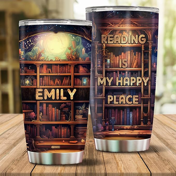 WONWIX Personalized Book Lovers Tumbler Gifts for Librarian Book Lover Women Readers Bookworm 20oz Travel Cup Coffee Bookshelf Mug Stainless Steel Insulated with Lid