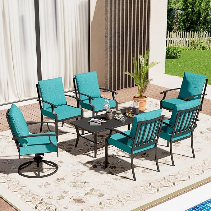 7-Piece Patio Conversation Set, Patio Furniture Set with 4 Stationary & 2 Swivel Chairs with Thick Cushions & a Rectangular All-Iron Coffee Table, Metal Patio Seating Set for lawns, Patio,Blue