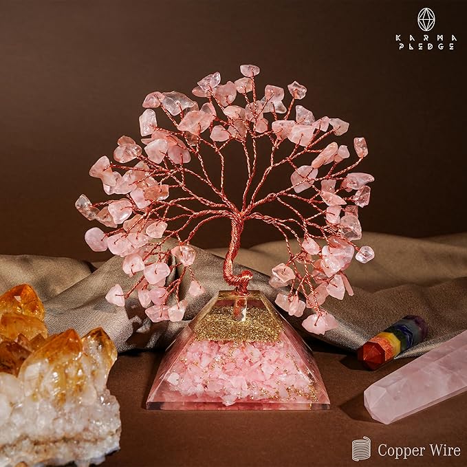 KARMAPLEDGE Rose Quartz Crystal Tree Good Luck Birthday Gifts for Womens, Mom, Home and Office Desk Decor, Pyramid Base Reiki Healing Stones & Chakra Tree of Life for Positive Energy, Money, Sucess