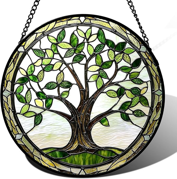 AMDERVEN Stained Glass Window Hanging - Brown Tree Trunk Green Leaves Sun Catcher for Door Garden Home Decor Plant Suncatcher Christmas Mother's Day Birthday Gifts for Women Men Mom Nana 9.8 in