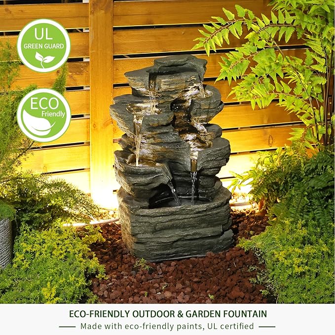 6 Tier Cascading Rock Solar Water Fountain Outdoor Garden Waterfall Decor for Garden, Patio, Backyard, Deck, Porch and Home Art Decor,24.4" H Outdoor Fountain with LED Lights