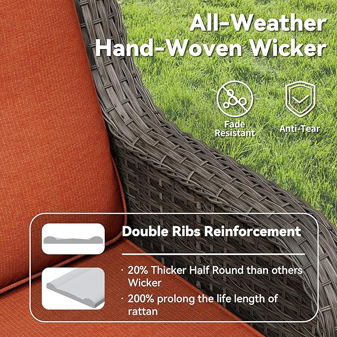 3 Pieces Outdoor Wicker Patio Furniture Set - Patio Chairs Set with Thickened Olefin Cushions, High Back and Deep Seating, Curved Armrest, PE Rattan for Porch, Deck, Balcony,Orange