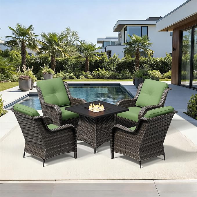 Joyside 5 Piece Wicker Patio Furniture Set with Fire Pit Table, Rattan Patio Chairs with High Back, Deep Seating, Wide Armrest, Thickened Cushions, Outdoor Furniture for Deck, Porch Use
