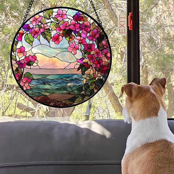 Stained Glass Window Hanging, Purple Flower Landscape Wreath Sun Catcher for Door Home Decor Plants Flowers Suncatcher Christmas Mother's Day Birthday Gifts for Women Men Mom Nana 6.3 in