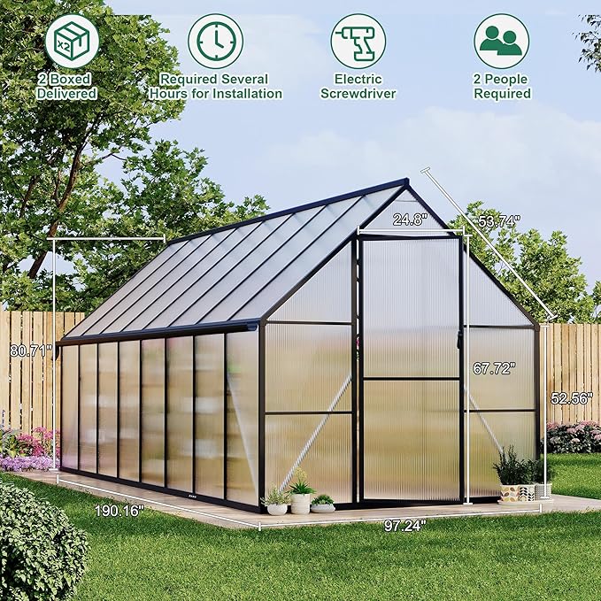Polycarbonate Greenhouse for Outdoors, Large Walk-InGreenhouse with Quick Setup Structure and Roof Vent, Greenhouse with Ventilation and Rain Gutter