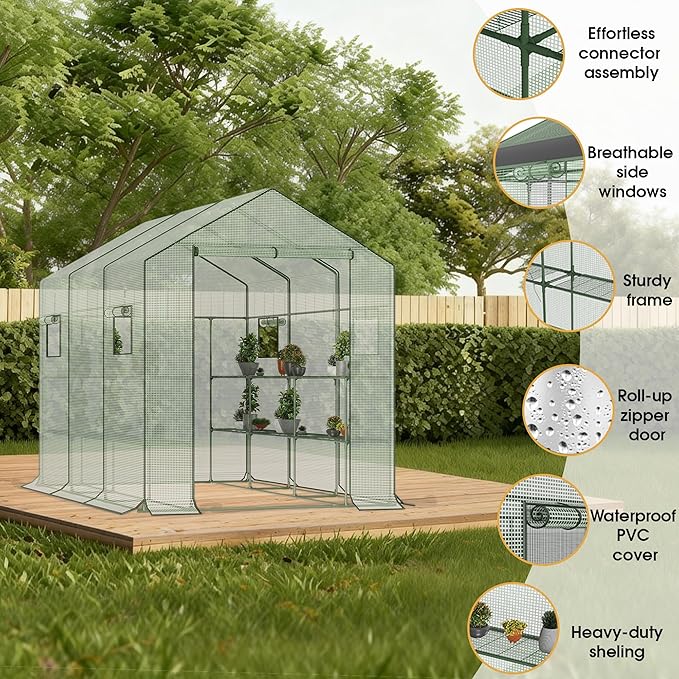 9.75 ft Big Walk in Greenhouse with Screen Windows & Roll-Up Zipper Door, 67 x 117 x 83'' Plant Green Houses for Outdoors, 3 Tiers 18 Shelves Stands Plastic Portable Heavy Duty Indoors Warm (Green)