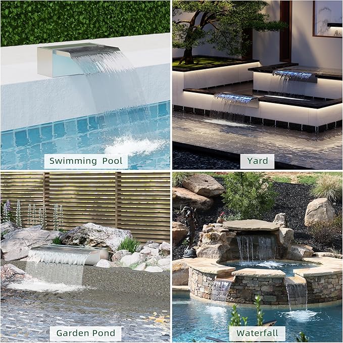 Longrun Pond Waterfall Box with Pump Kit, 304 Stainless Steel Pond Waterfall Spillway with 680 GPH 3000L/H Pump for Ponds, Pond Spillway Color-Changing LED Light Strip for Garden (11.8")