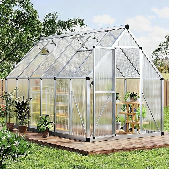 6x11 FT Greenhouse, Heavy Duty Aluminum Polycarbonate Greenhouses for Outdoors with Roof Vent, Easy Assembly, Lockable Door, Large Walk-in Greenhouse for Patio, Backyard, Garden, Silver