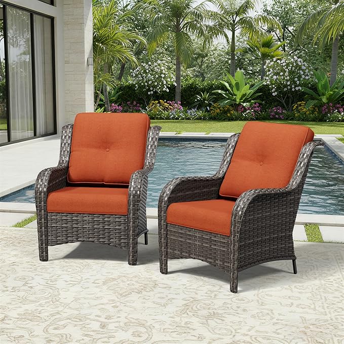 Joyside Patio Chairs Set of 2, Wicker Patio Furniture with High Back, Deep Seating, Wide Armrest, Thickened Cushions, Outdoor Rattan Furniture for Deck, Porch Use