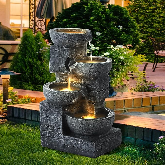 MAGIC UNION Outdoor Water Fountain, 4 Tiers Cascading Bowls Waterfall Indoor Fountain Garden Decor w/LED Lights, Outside Patio Resin Stacked Stones Fountains for Yard, Deck and Porch (Light Gray)