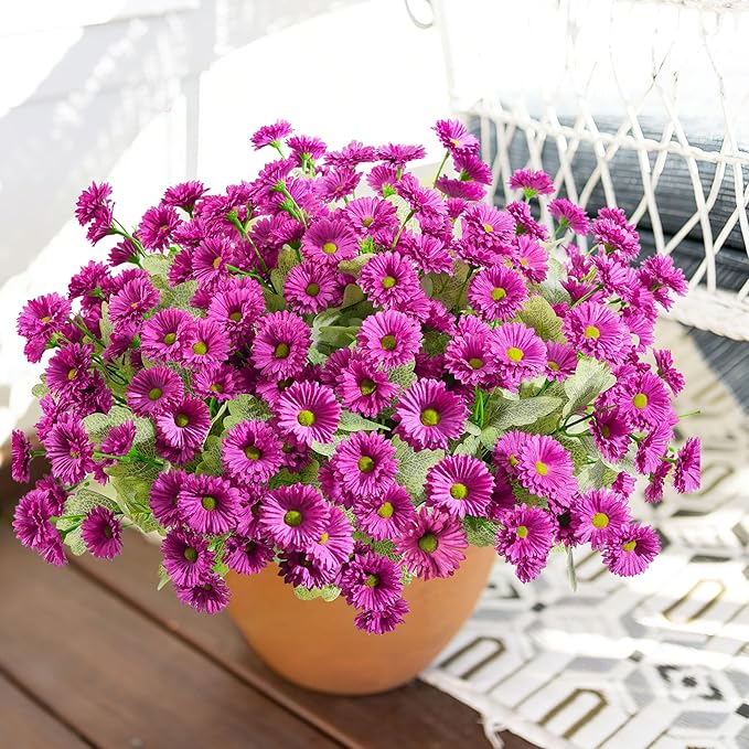 HyeFlora Artificial Flowers for Outdoors Spring Summer Outside Decor, 6 Bundles Fake Daisy Wild Silk Flowers UV Resistant Outdoor Faux Plants for Planter Front Door Porch Balcony Yard, Fuchsia