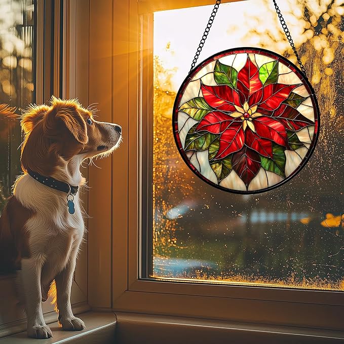 HWRHTR Stained Glass Window Hanging - Red Poinsettia Birth Flowers Suncatcher for Door Garden Yard Sun Catchers Decor Christmas Mother's Day Birthday Gifts for Women Mom Nana Teacher Friend 9.8 in