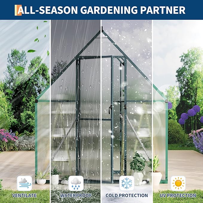 6X4 ft Polycarbonate Greenhouse with Aluminum Frame, Polycarbonate Greenhouse for Outdoors, Greenhouses with Ventilation, Aluminum Large Walk-in Greenhouses for Outside