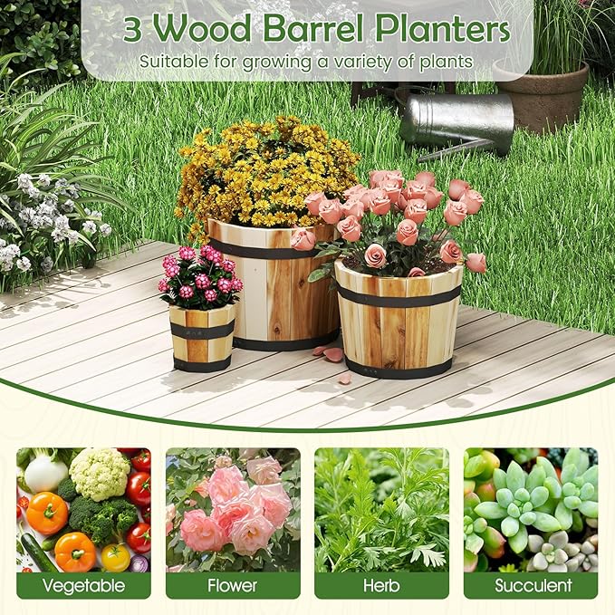 Giantex Set of 3 Barrel Planters, Outdoor Acacia Wood Raised Garden Bed for Flower Vegetable Fruit, Whiskey Bucket Shape Planter Boxes in Different Sizes for Patio Porch Balcony Yard (Natural)